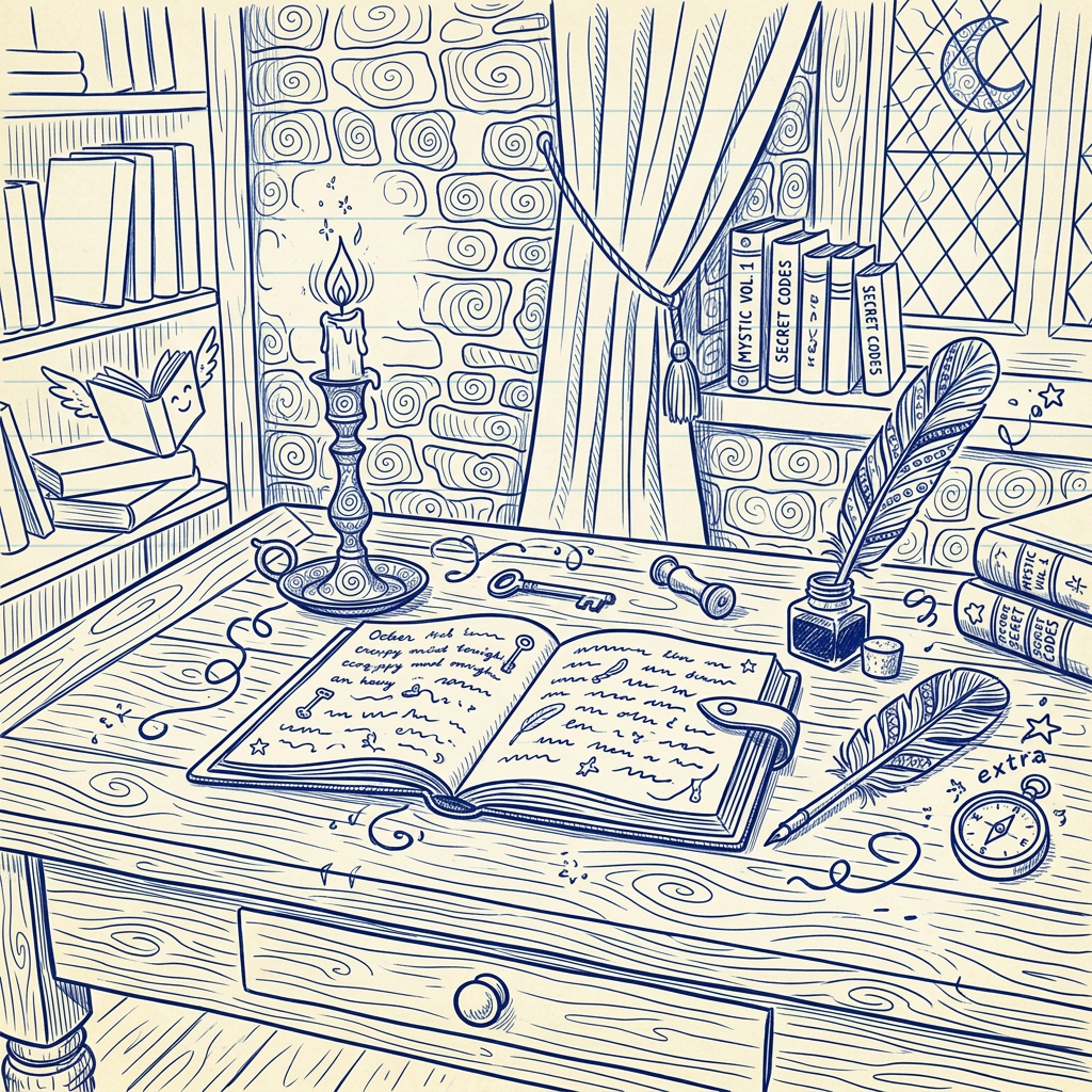 Open journal with handwritten text, quill pens, ink pot, and lit candle on wooden desk